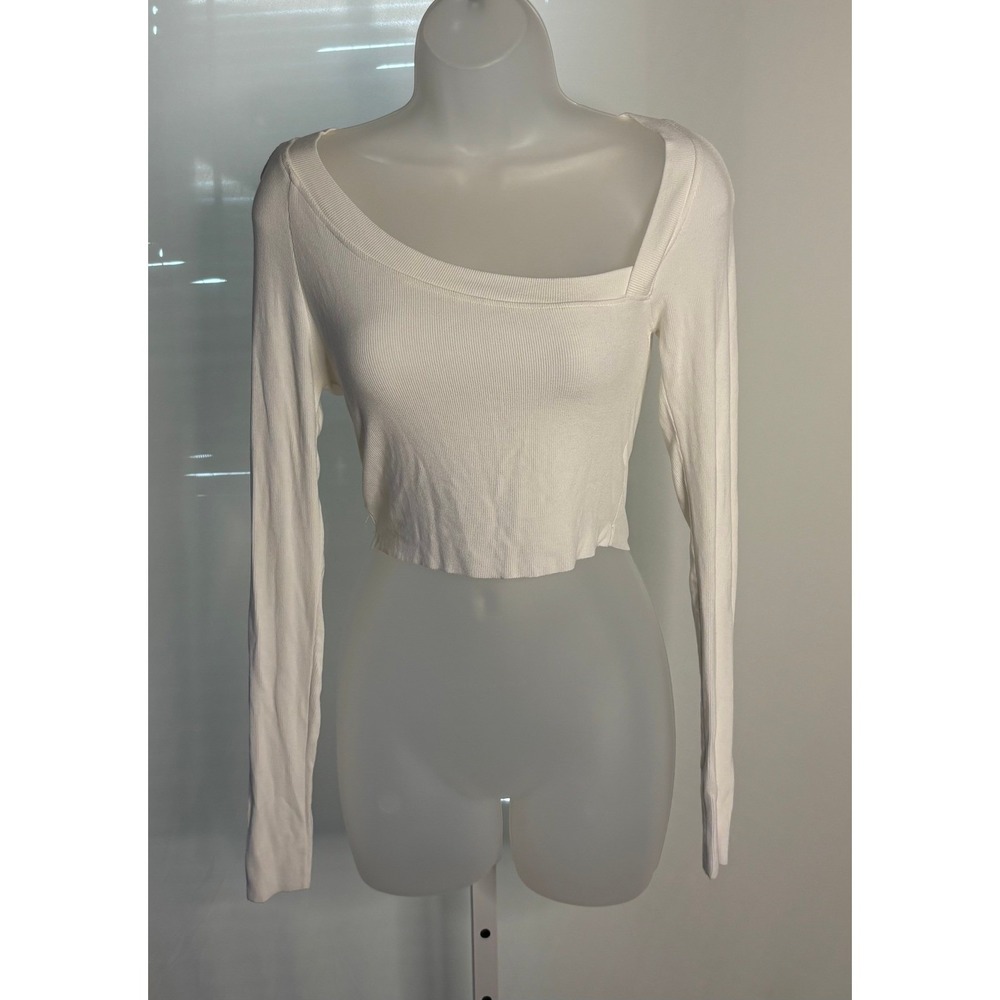 Beige Botany | White Ribbed Asymmetrical Neck Long Sleeve Crop Top | Size M